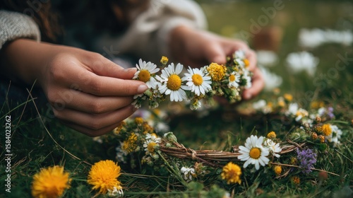 Fototapeta Naklejka Na Ścianę i Meble -  Hands crafting flower crown in grassy meadow