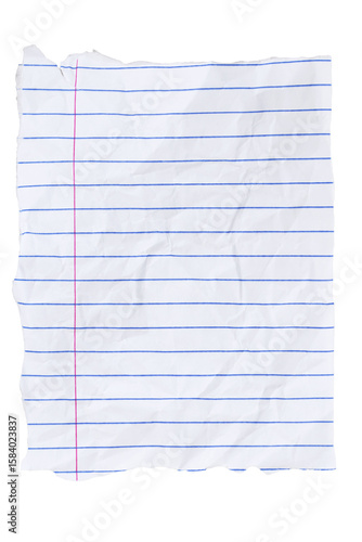 Crumbled lined loose leaf notebook paper ripped rectangle isolated on white