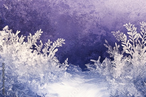 A close-up of ice crystals forming plant-like shapes on a textured, gradient purple and white background, resembling a frosted scene.