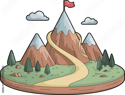 Cartoon mountains landscape with a winding path leading to a red flag on the summit.