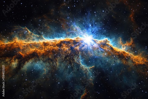 A vibrant nebula shines brightly with blue and orange hues, scattered with stars in the vast expanse of space.