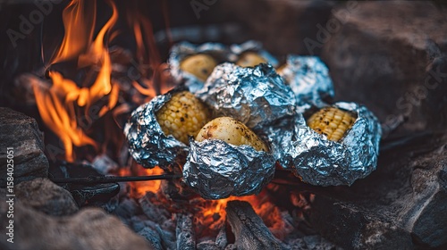Foil-wrapped potatoes roasting over campfire (1)