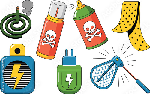 Cartoon set of mosquito repellent tools, including spray, net, coil, and electric devices.