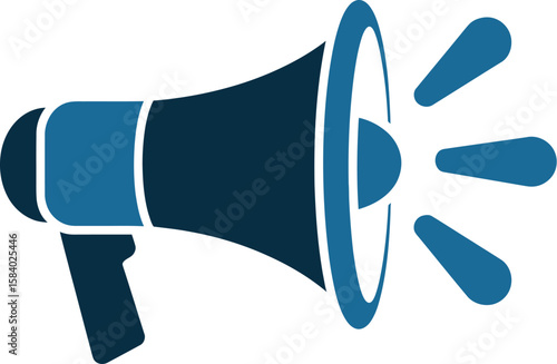 A blue megaphone icon symbolizes announcements, communication, and marketing promotions effectively.