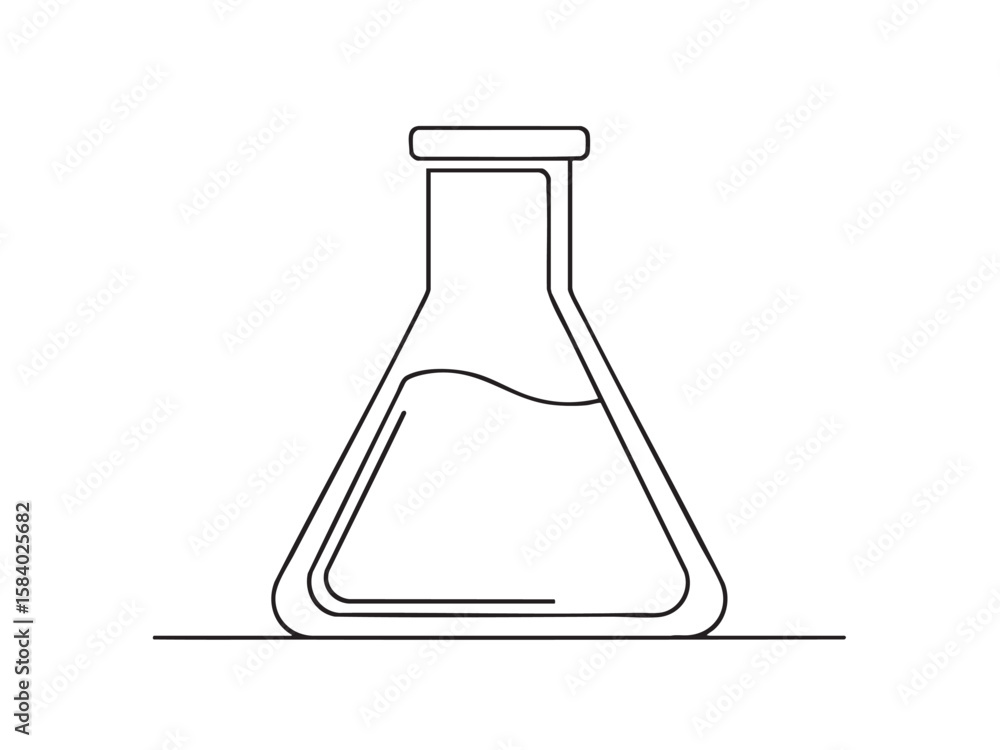 A minimalist continuous line art illustration of an Erlenmeyer flask with liquid, depicted in black on a white background A minimalist continuous line art illustration of an Erlenmeyer flask with liquid, depicted in black on a white background