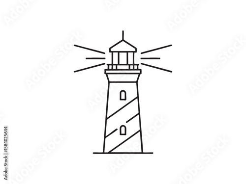 A minimalist black line art icon of a lighthouse with radiating light. This simple graphic represents navigation, safety, and coastal guidance