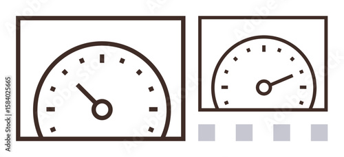 Classic analog speedometer gauge with pointer set in simple rectangular frames. Ideal for performance tracking, progress measurement, speed control, efficiency, optimization, user interface, simple