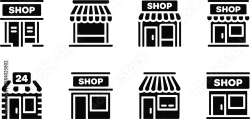 Eight shop icons showcase diverse storefront designs in a clean, modern, vector style.