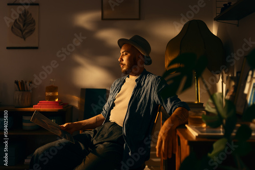 Man sitting in living room holding an album cover listening to music.
