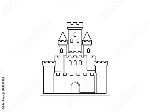 Black line art icon of a medieval castle with towers and battlements
