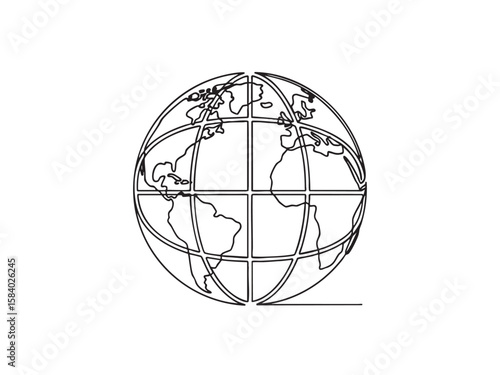 Isolated line art illustration of a world globe. Represents global business, travel, and awareness