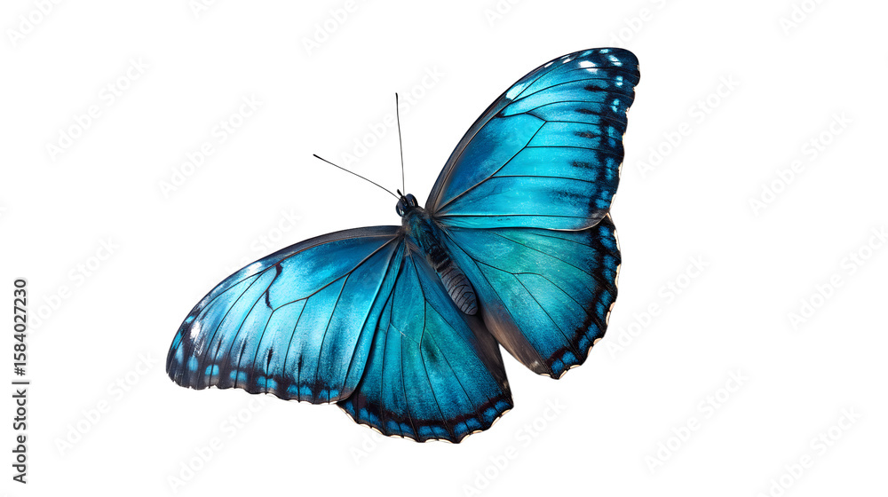 Obraz premium Stunning Blue Morpho Butterfly in Flight Vibrant Wings Against White Background