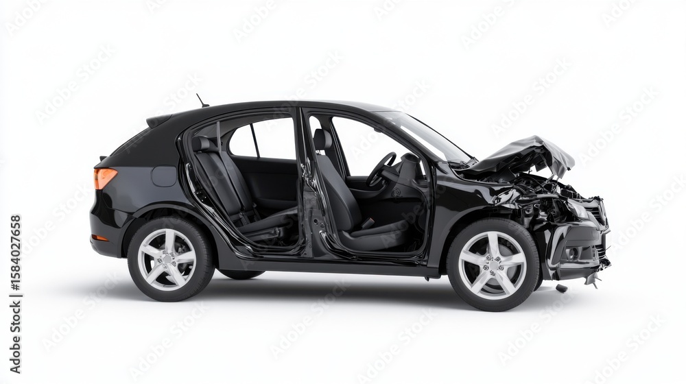 Naklejka premium Black Compact Car with Open Doors and Damage from a Collision Crash