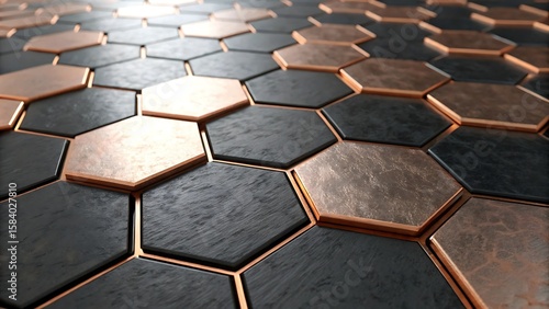 A close up of a pattern of black and copper colored hexagonal tiles with thin borders
