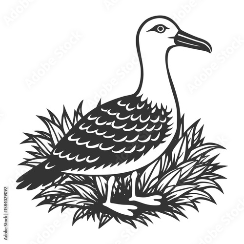 Hand-drawn vector illustration of a wild duck and ducklings, with the distinctive silhouette of a waterfowl bird