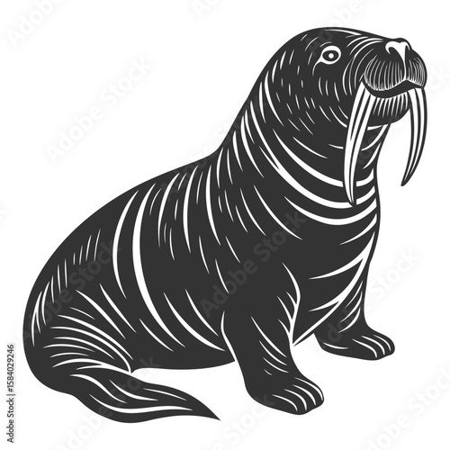 Vintage Black and White Walrus Illustration – Vector Graphic of Marine Mammal with Tusks