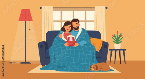 Cozy National Girlfriend Day Couple celebrates a day, sharing a blanket, with love and joy in the comfort of their home.