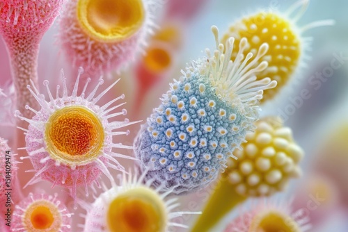 Colorful microscopic organisms, like stylized cells or microbes, display a vibrant and detailed structure under magnification.