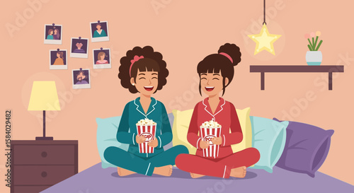 Celebrating national girlfriend day Cozy night with popcorn and joyful moments, cherish everyday bonds with friends and laugh.