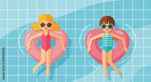 Celebrate National Girlfriend Day Girls in a Heart-Shaped Floatie enjoying a sunny swimming pool day of fun & relaxation