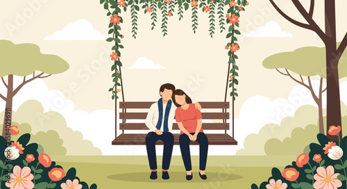 Celebrate National Girlfriend Day A romantic escape illustrated with blossoms, love and companionship on a whimsical swing.