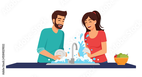 Celebrate national girlfriend day A loving couple sharing household chores and washing dishes together in harmonious teamwork.