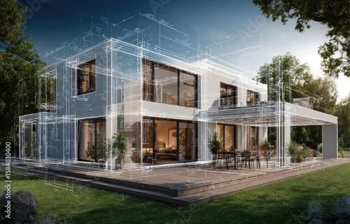 Fototapeta na wymiar Modern house design with architectural plans overlaid (1)