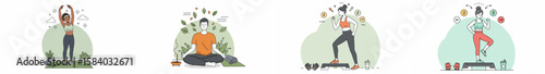 Multi-scene illustration of people engaged in yoga, meditation, and fitness activities