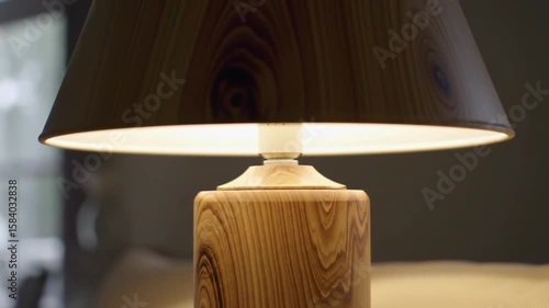 Illuminated wooden table lamp with a dark lampshade in a softly lit setting