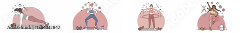 Multi-scene illustration of four people engaged in fitness activities against a gradient pink background