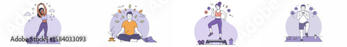 Multi-scene fitness illustration with four people exercising in different poses on yoga mats