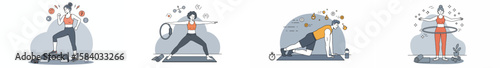 Minimalist fitness illustration of a woman performing four workout routines with fitness icons