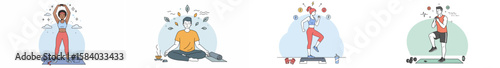 Illustration of four people engaged in physical activities with pastel colors and dreamy backgrounds