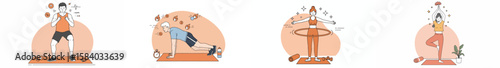 Four individuals performing different fitness exercises on yoga mats in a dynamic studio illustration