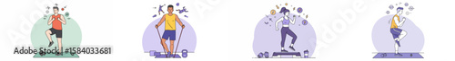 Four people exercising in pastel backgrounds, vector illustration
