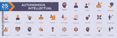 Autonomous Intellectual icons collection vector images in duotone style
containing several independent thinking, scholar, curiosity, essayist, whistleblower.
for Web and Application icons.