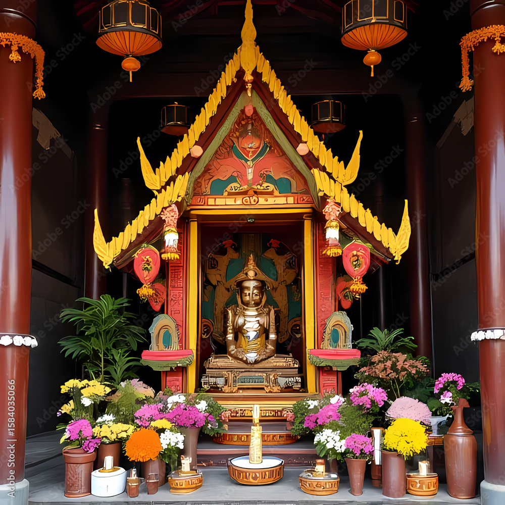 Fototapeta premium A beautifully arranged Thai spirit house decorated with flower garlands, incense, and small food offerings