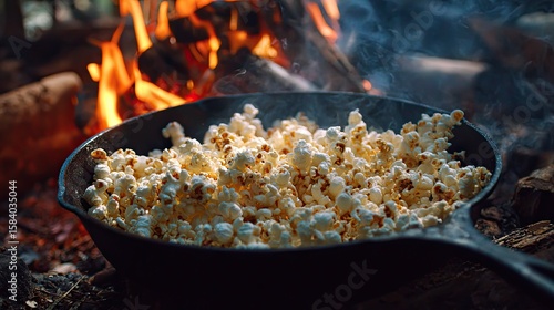 Popcorn cooking in a cast iron skillet over a campfire