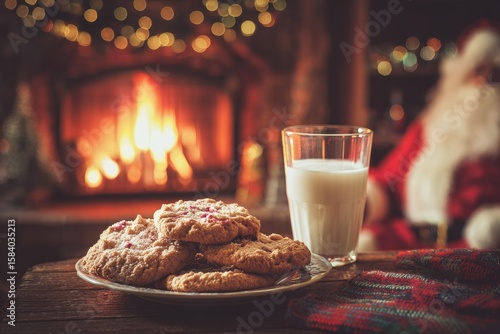 Christmas cookies and milk by fireplace. Santa Claus in the background