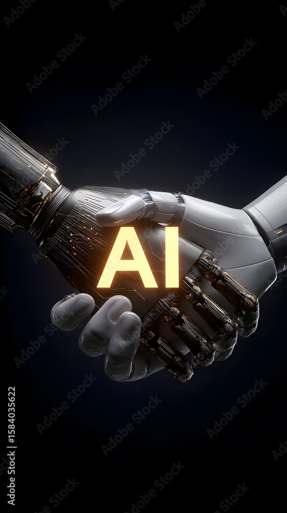 Illuminated ai text overlayed on a robotic handshake against a dark background in a vertical shot Illuminated ai text overlayed on a robotic handshake against a dark background in a vertical shot