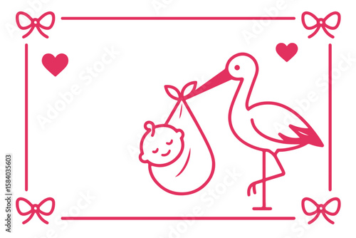 Sweet illustration of a stork carrying a baby bundle framed with hearts and bows in pink color