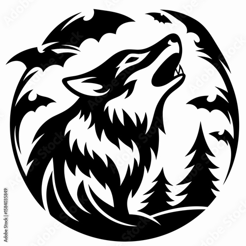 Monochrome Howling Wolf Silhouette with Full Moon and Bats Vector Illustration