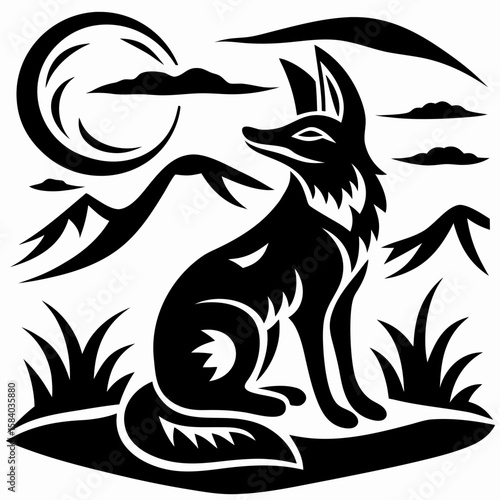 Serene Silhouette A Wild Fox Meditating Under the Moonlight