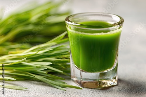 Fresh green juice in shot glass beside wheatgrass