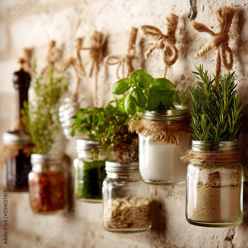 A rustic kitchen scene with glass jars filled with herbs, spices, and dried ingredients, hanging neatly from twine against a brick wall.