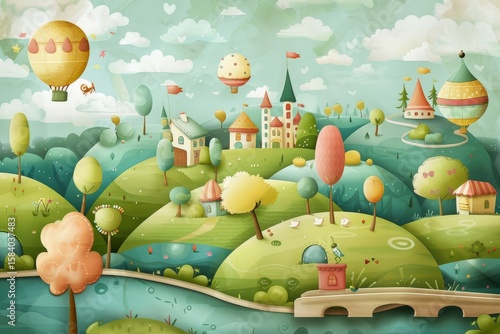 Enchanted town in rolling hills with castles