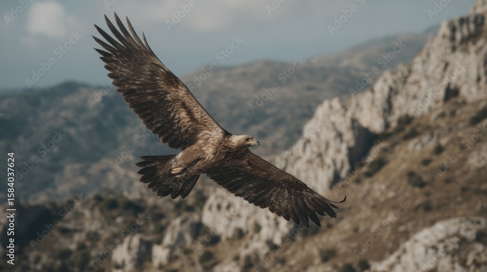 Fototapeta premium Magnificent eagle soaring in flight above a mountain range with open wings