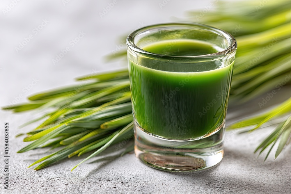 Green juice shot glass, fresh wheatgrass Green juice shot glass, fresh wheatgrass
