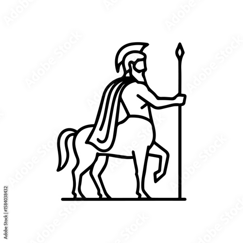 A black line art illustration of a centaur with a helmet and spear