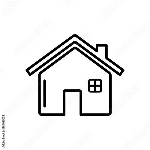 A simplistic singlelined drawing of a house with a chimney roof door and a window with crossbars